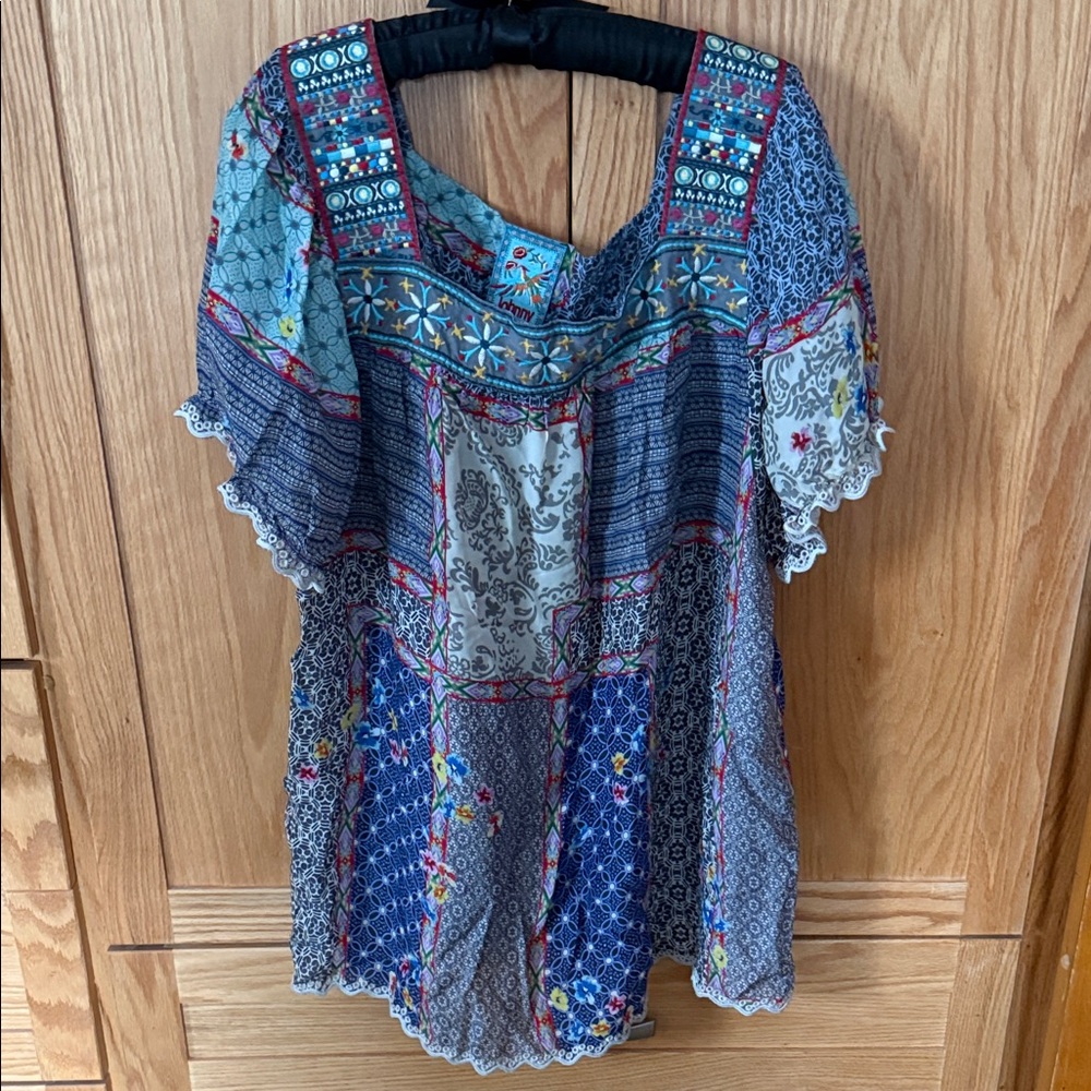 Johnny Was Blue Patchwork Floral Flutter Sleeve B… - image 1